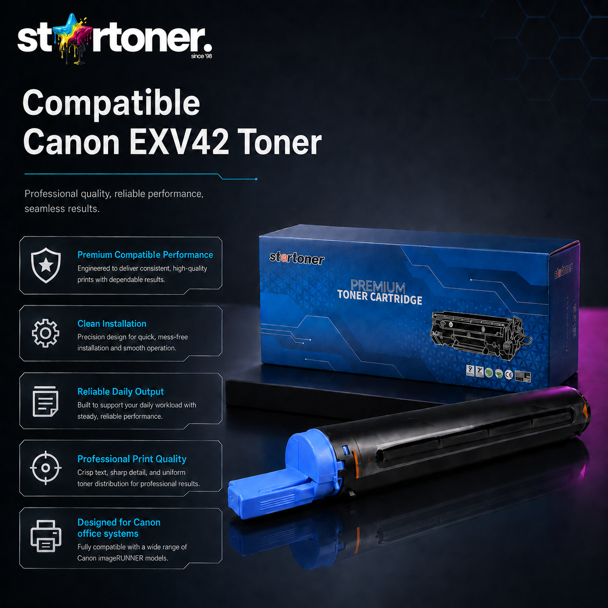 Tóner compatible Canon EXV42 · Detalle del engranaje y carcasa del cartucho · Startoner