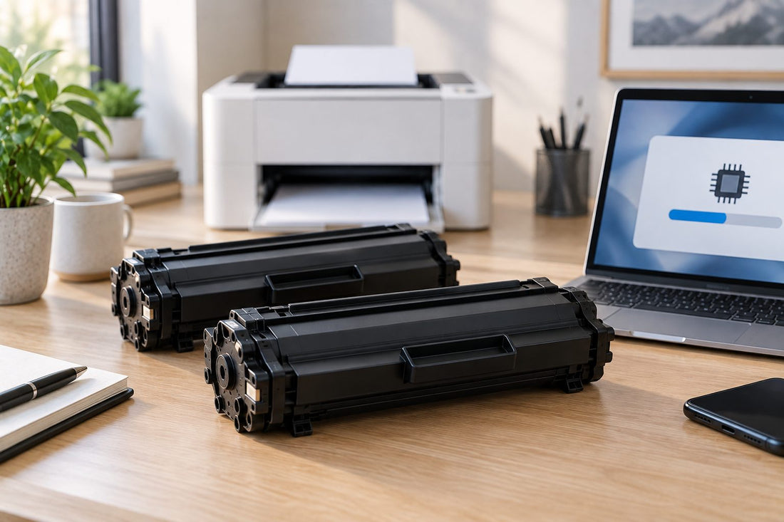 Deux cartouches de toner compatibles devant un ordinateur portable affichant une mise à jour du firmware