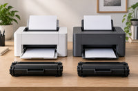 Due stampanti laser monocromatiche compatte affiancate, ciascuna con la propria cartuccia toner davanti