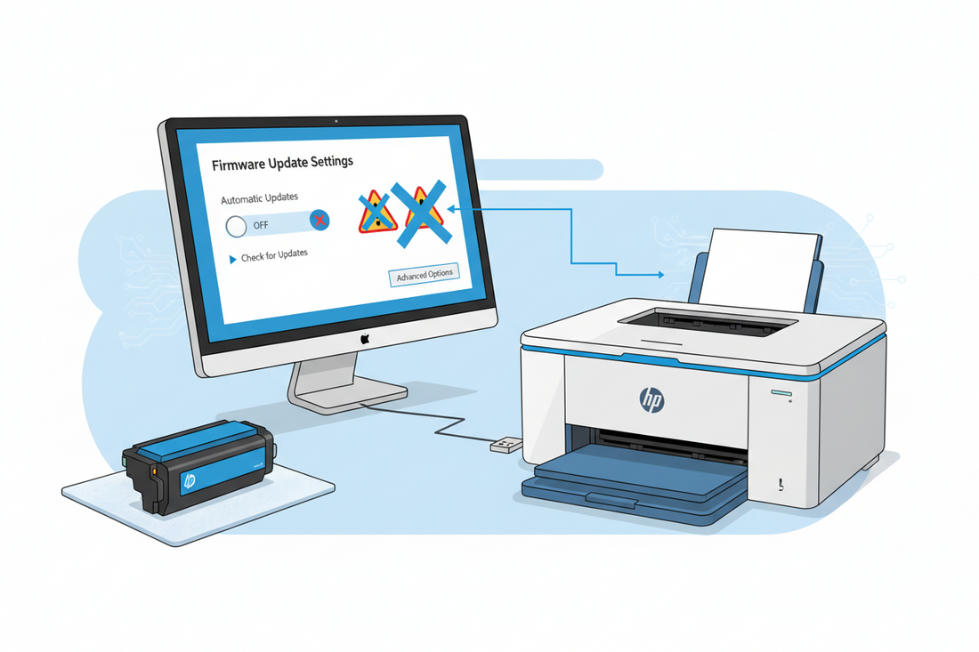 how to disable HP firmware updates that block compatible cartridges