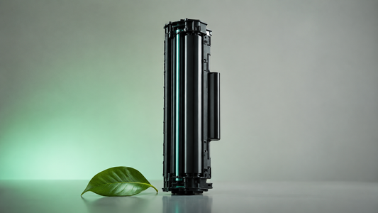 Cartucho de tóner iluminado con luz verde y una pequeña hoja verde al lado, idea de sostenibilidad.