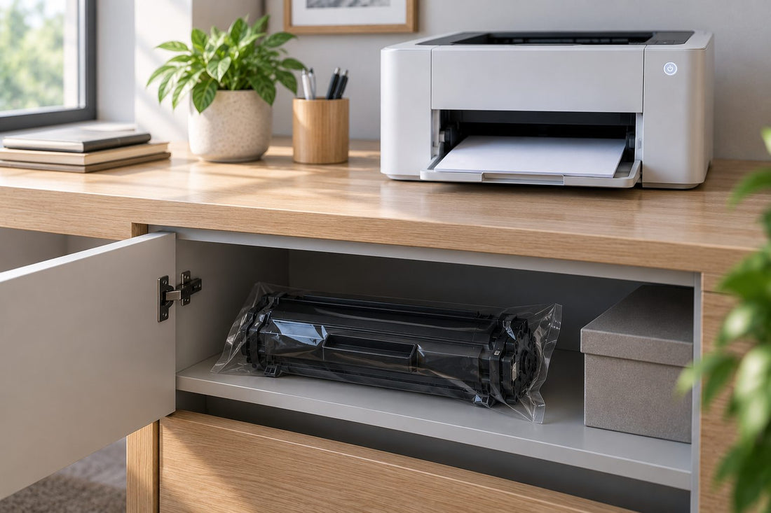 Sealed toner cartridge stored in a cool drawer under a laser printer, for proper preservation