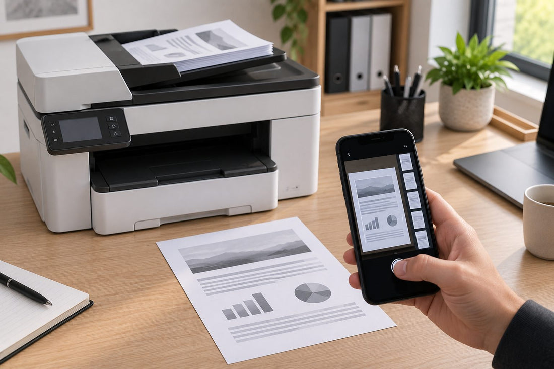 Stampante multifunzione con documenti nell'alimentatore e un cellulare che scansiona diverse pagine in un unico PDF