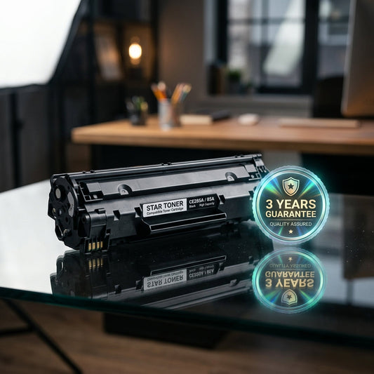 Cartucho de tóner compatible Star Toner sobre fondo dark glass con sello "Garantía 3 años · Directiva UE 2019/771"