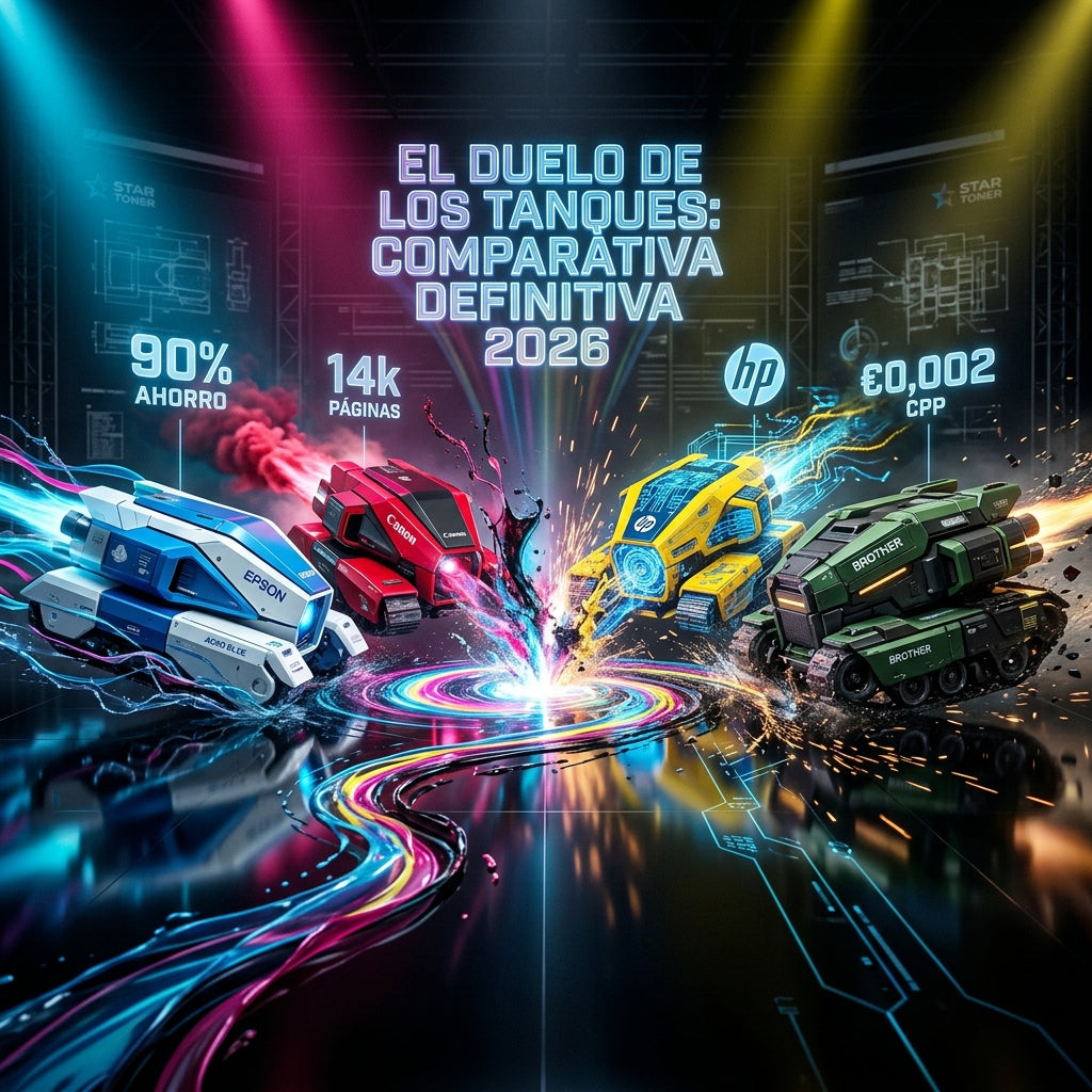 Comparatif définitif des réservoirs d'encre 2026: duel visuel entre Epson, Canon, HP et Brother dans un univers futuriste avec un faible coût par page de Star-Toner.