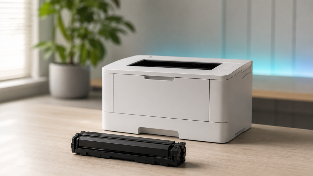 Impresora láser personal compacta con un cartucho de tóner pequeño delante, en un escritorio de casa.