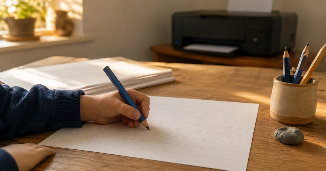Niña escribiendo en una ficha de caligrafía impresa sobre una mesa de madera, con la impresora al fondo