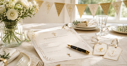 First Holy Communion keepsake page, gold bunting and gift tags on a table set for the celebration