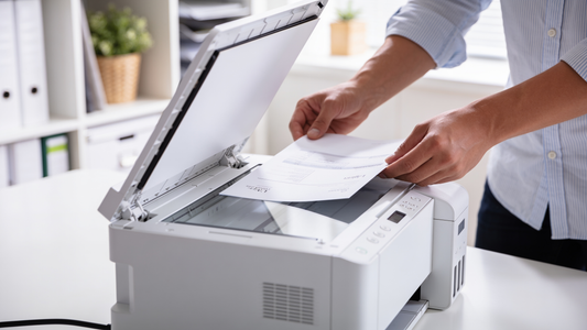 Persona escaneando un documento en una impresora multifunción