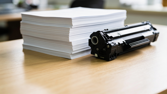 Pila de folios impresos junto a un cartucho de tóner