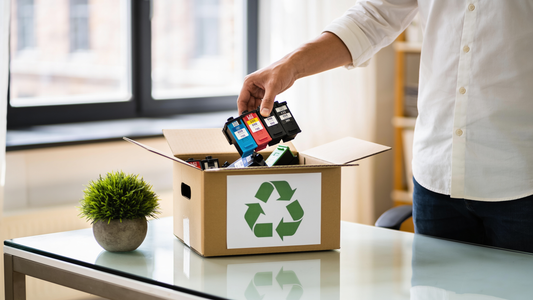 Cartuchos de tinta usados depositados en una caja de reciclaje