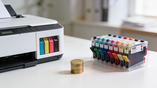 Impresora de depósito junto a cartuchos compatibles y monedas de euro, comparando el ahorro