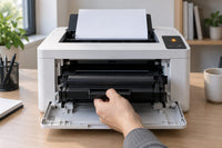 Mano che rimuove una cartuccia di toner da una stampante laser con la spia di avviso accesa