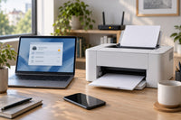 White laser printer next to a laptop with a print queue warning in a home office