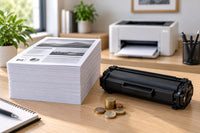 Pila di fogli stampati, una cartuccia di toner e monete di euro che illustrano il costo per pagina
