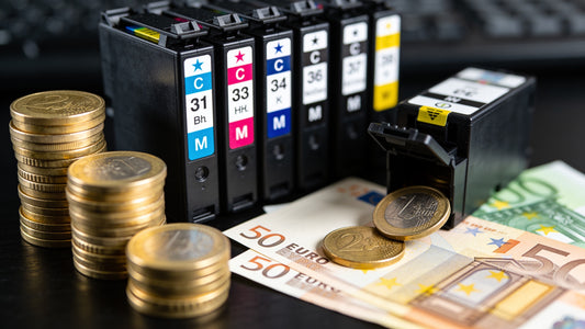 Cartuchos de tinta junto a monedas y billetes de euro