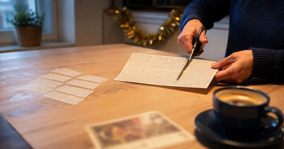 Recortando participaciones de Lotería de Navidad impresas sobre una mesa de cocina en diciembre