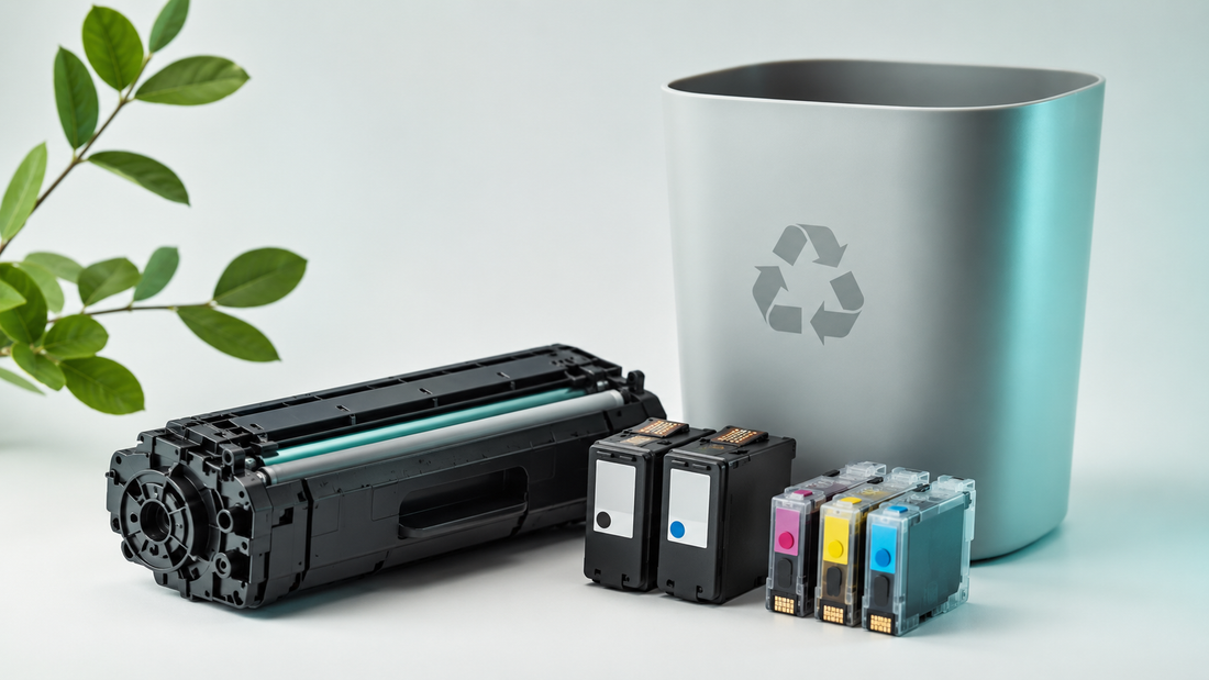 Leere Druckerpatronen und eine Tonerkartusche neben einem Recyclingbehälter