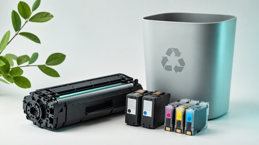 Leere Druckerpatronen und eine Tonerkartusche neben einem Recyclingbehälter