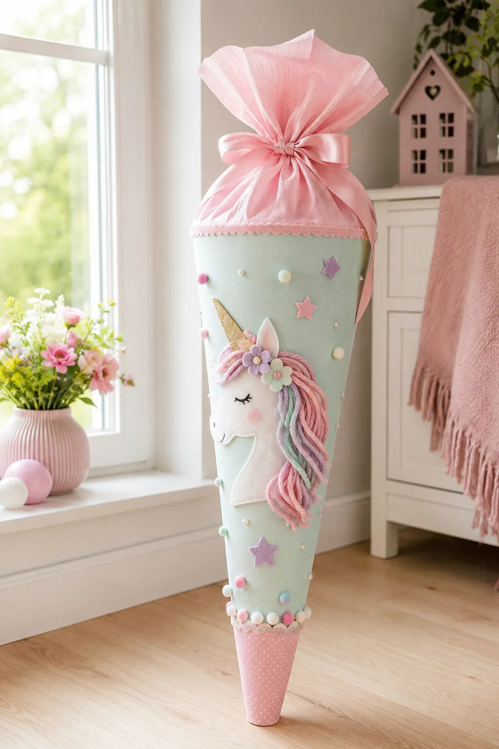 Selbst gebastelte runde Schultüte mit Einhorn-Motiv zur Einschulung
