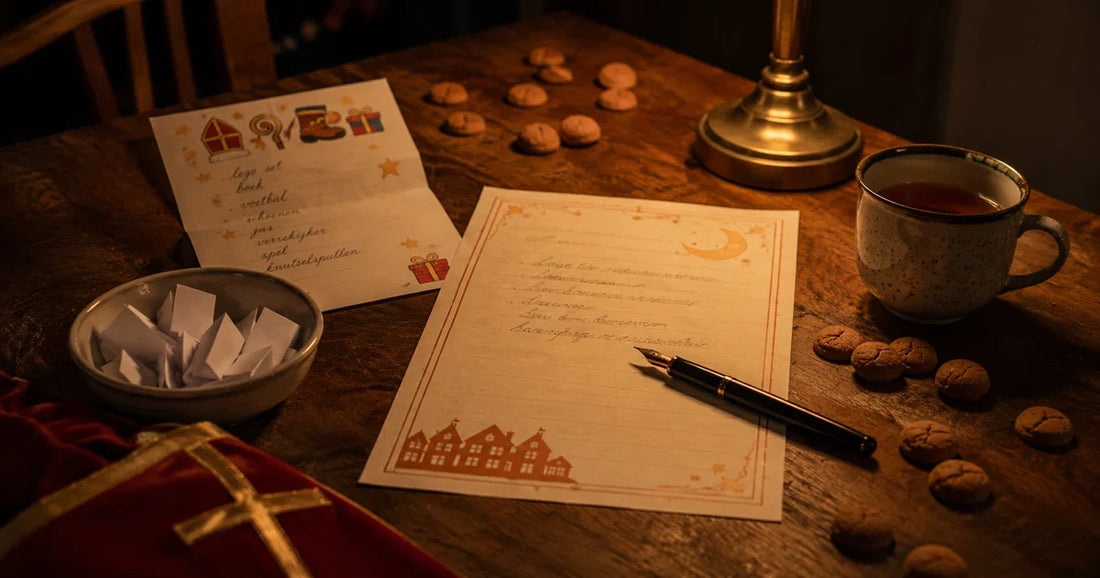 Sinterklaas-gedichtpapier, verlanglijstje en lootjes op tafel met pepernoten en een vulpen