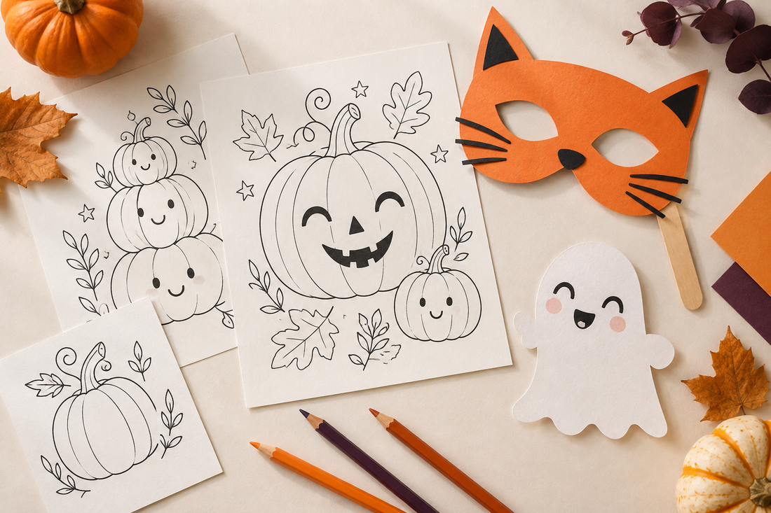Kompozycja ilustracyjna z papierowymi dyniami, pomarańczową maską kota i kredkami