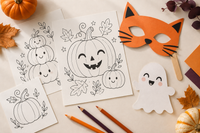 Composizione illustrativa con zucche di carta, maschera da gatto arancione e matite colorate