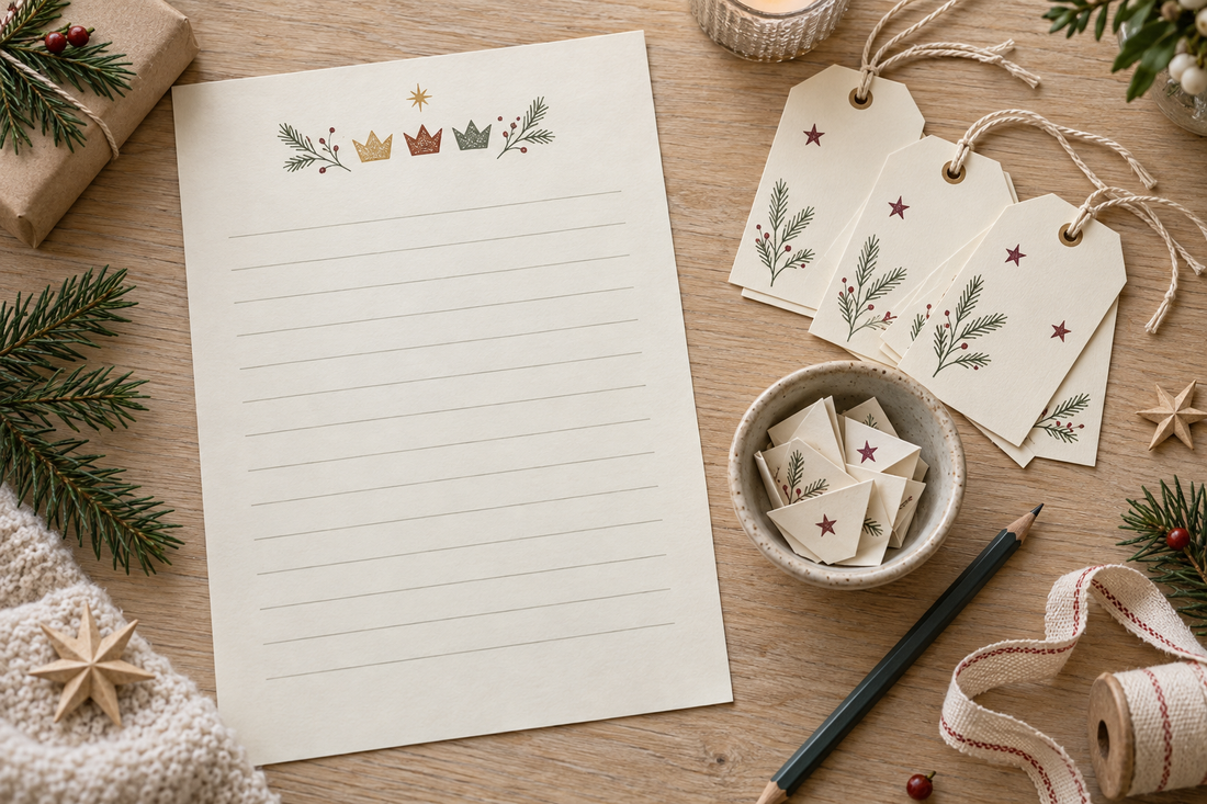 Illustrazione di una lettera con corone, etichette e biglietti natalizi su un tavolo di legno