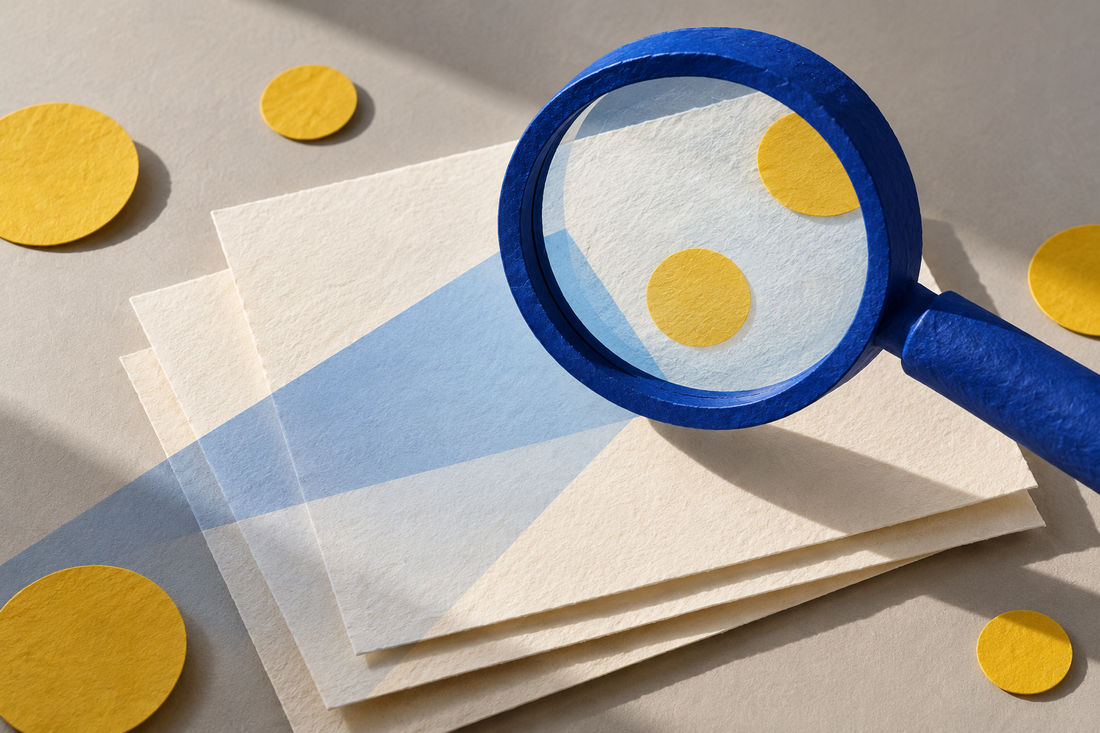 Illustrazione di una lente d'ingrandimento blu su carta e grandi cerchi gialli di cartoncino