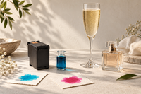 Bodegón conceptual con un cartucho sin marca, tinta azul, una copa y un frasco de perfume.
