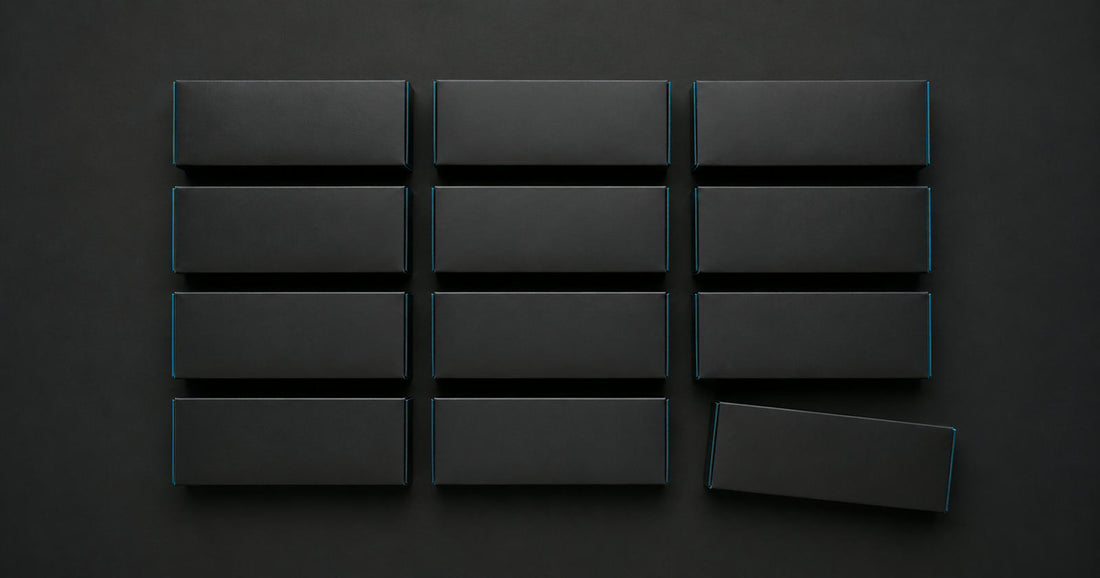 Boîtes de toner compatible rangées à plat en grille ordonnée sur fond sombre