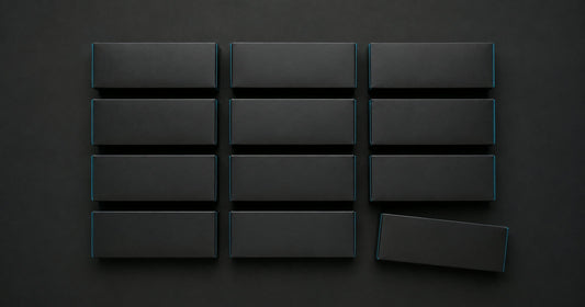Cajas de tóner compatible apiladas en horizontal y ordenadas en cuadrícula sobre fondo oscuro