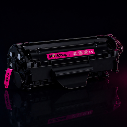 Tóner color HP CB540A CE320A compatible · perfil lateral mostrando el cuerpo del cartucho y su capacidad · Startoner