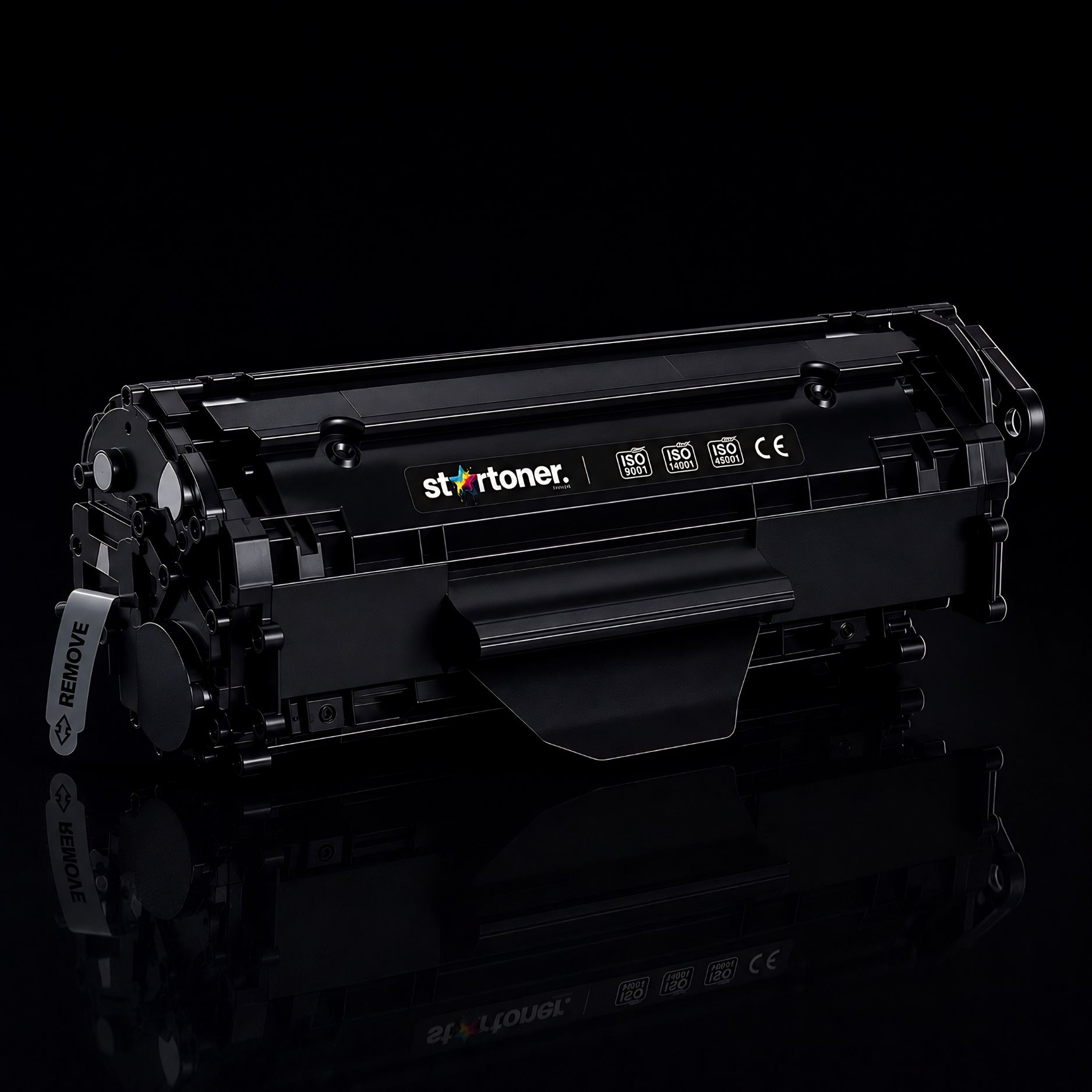 Tóner HP 142A W1420A compatible · vista angular trasera con modelo W1420A y certificación ISO 9001 · 950 páginas · Startoner
