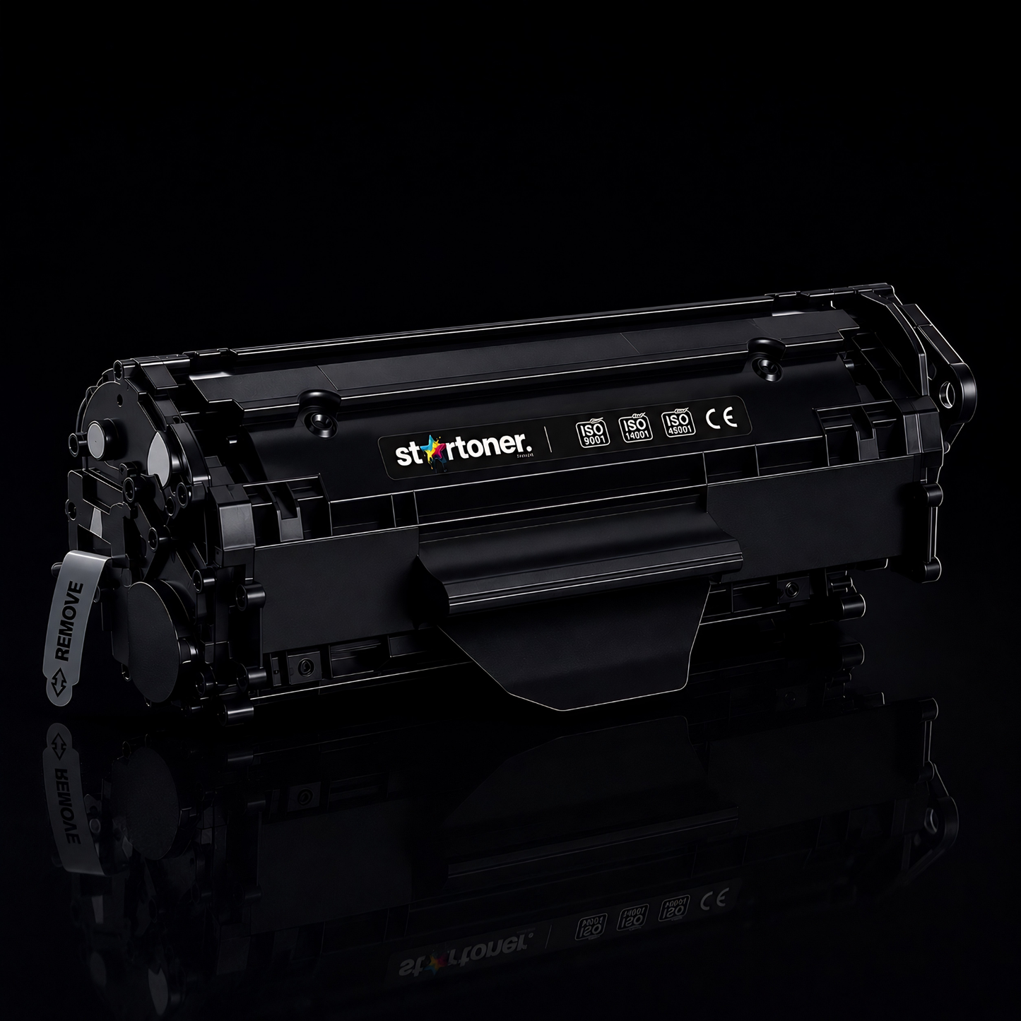 Tóner HP 142A W1420A compatible · vista angular trasera con modelo W1420A y certificación ISO 9001 · 950 páginas · Startoner