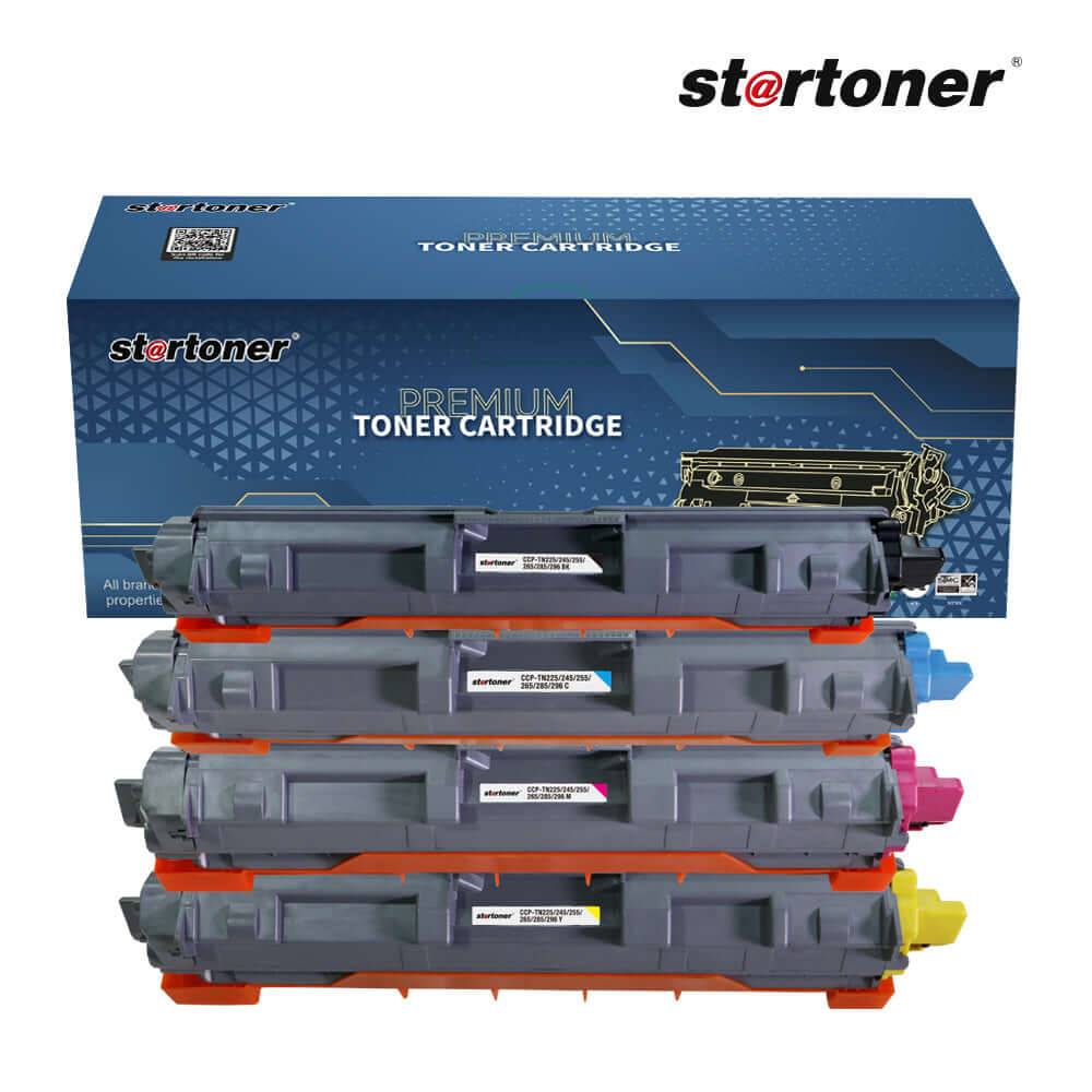 Instalando tóner color Brother TN245/TN255, 2500 páginas, en la ranura de carga de una impresora Brother · Startoner