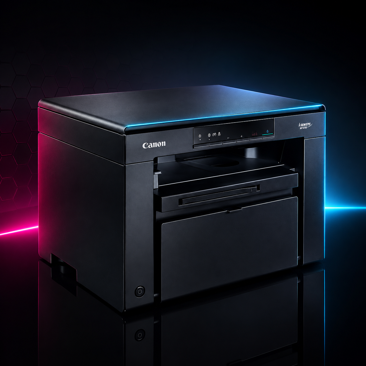 Canon i-SENSYS MF3010 compact monochrome laser printer with premium dark studio lighting