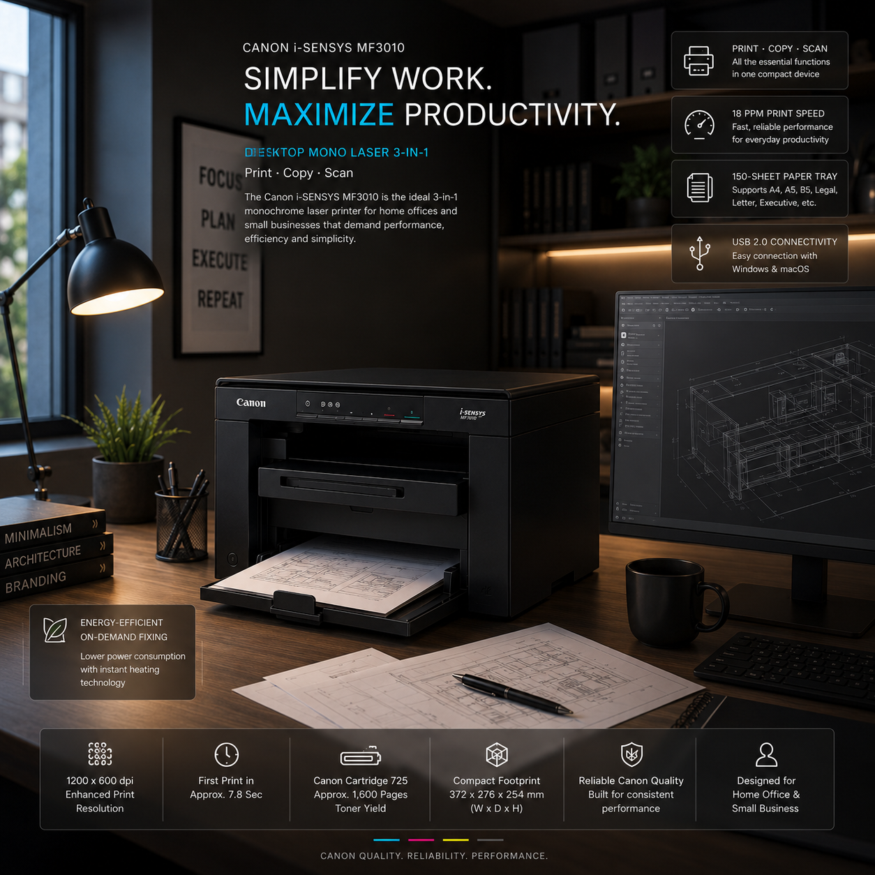 Compact monochrome laser printer on dark desk setup