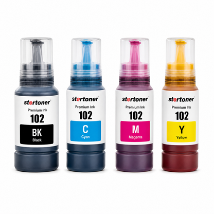 Botellas tinta Epson 102 compatible — Negro, Cian, Magenta, Amarillo · ISO 9001