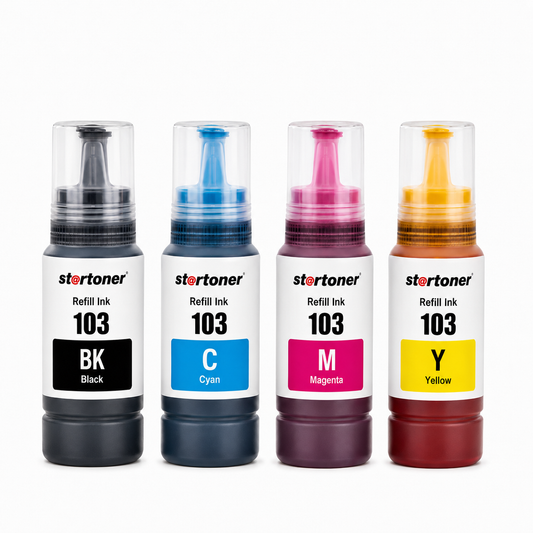 Botellas tinta Epson 103 compatible — Negro, Cian, Magenta, Amarillo · ISO 9001