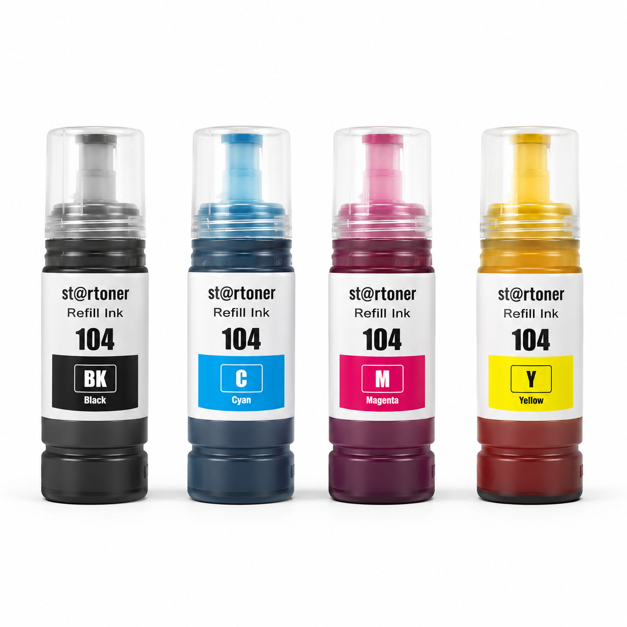 Botellas tinta Epson 104 compatible — Negro, Cian, Magenta, Amarillo · ISO 9001