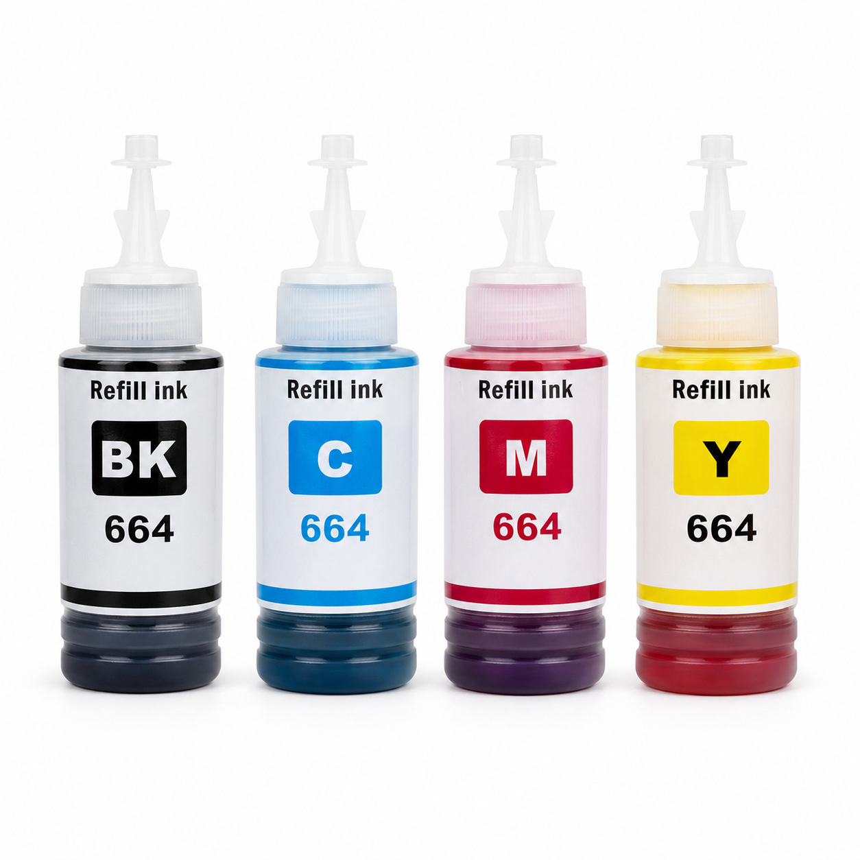 Botellas tinta Epson 664 compatible — Negro, Cian, Magenta, Amarillo · ISO 9001
