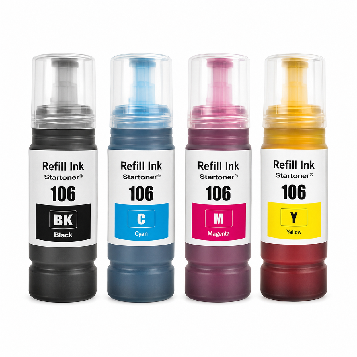 Botellas tinta Epson 106 compatible — Negro, Cian, Magenta, Amarillo · ISO 9001