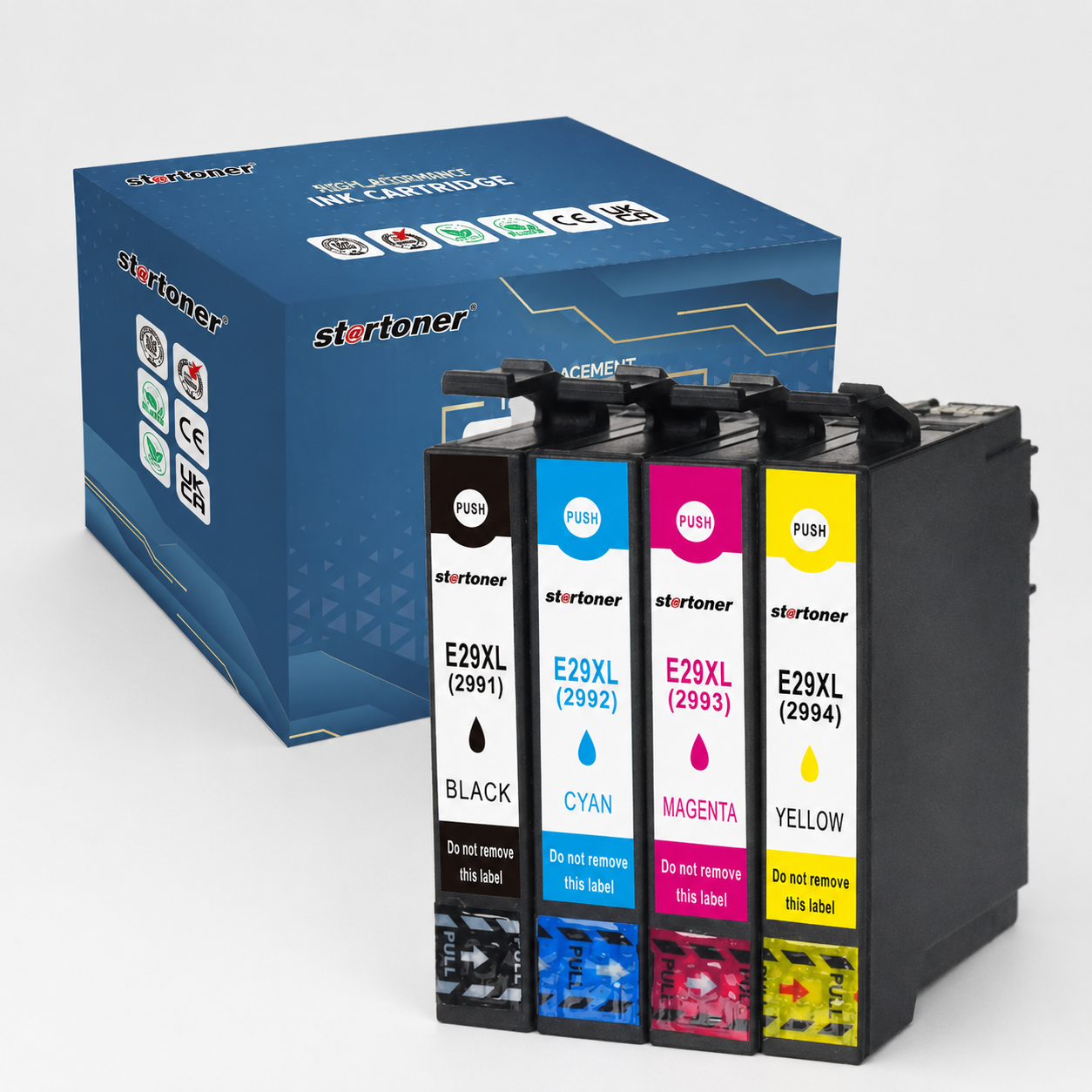 Cartuchos tinta Epson 29XL compatible — Negro, Cian, Magenta, Amarillo · ISO 9001