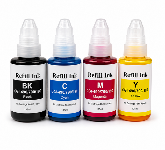 Botellas tinta Canon G2411 compatible — Negro, Cian, Magenta, Amarillo · ISO 9001