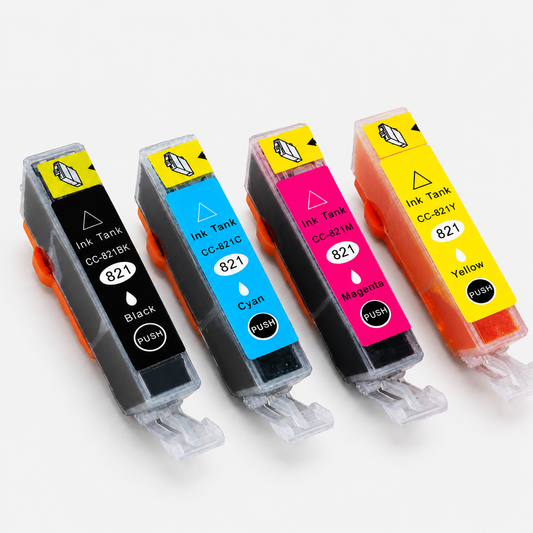 Cartuchos tinta Canon CC-821 / CLI-821 compatible — Negro, Cian, Magenta, Amarillo · ISO 9001