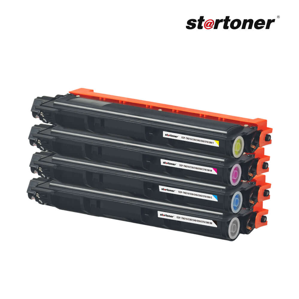 Tóner color Brother TN210/TN230, lateral mostrando el rendimiento de 2.200 páginas · Startoner